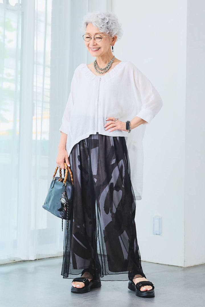 【SET】ギャザーネックロングテールZIPブラウス+シアーチュールレイヤードアートパンツ(2set)