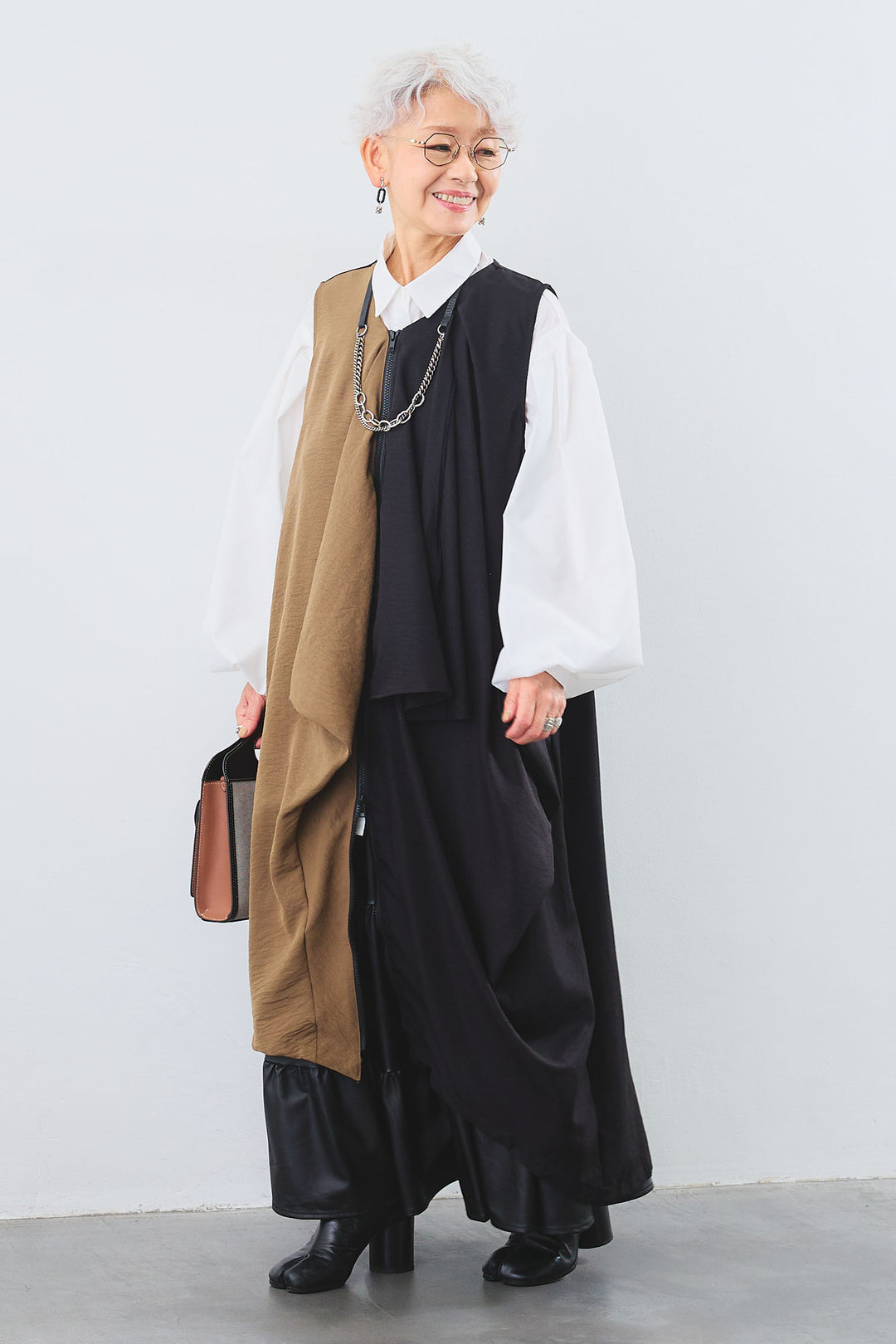 【予約】バイカラーアシメドレープZIPデザインワンピース
