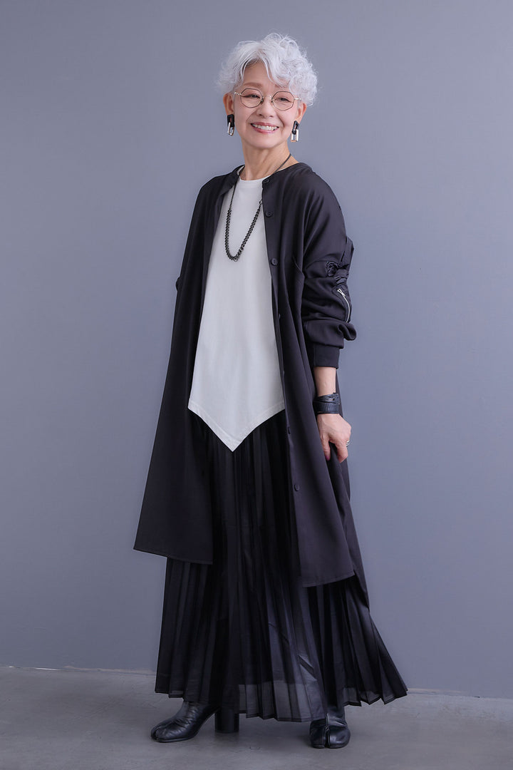 【SET】アシンメトリーロンT+MA-1ドッキングデザインロングシャツ+レザーライクプリーツスカート(3set)