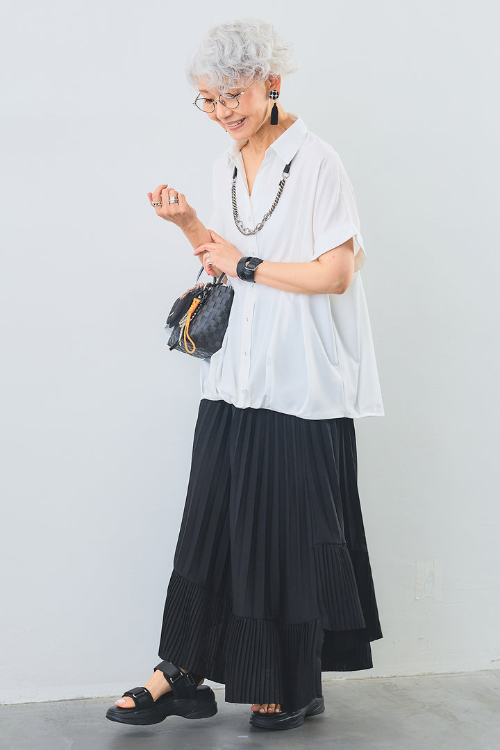 【SET】タックインデザインスキッパーシャツ+アシンメトリーラッフルプリーツスカート(2set)