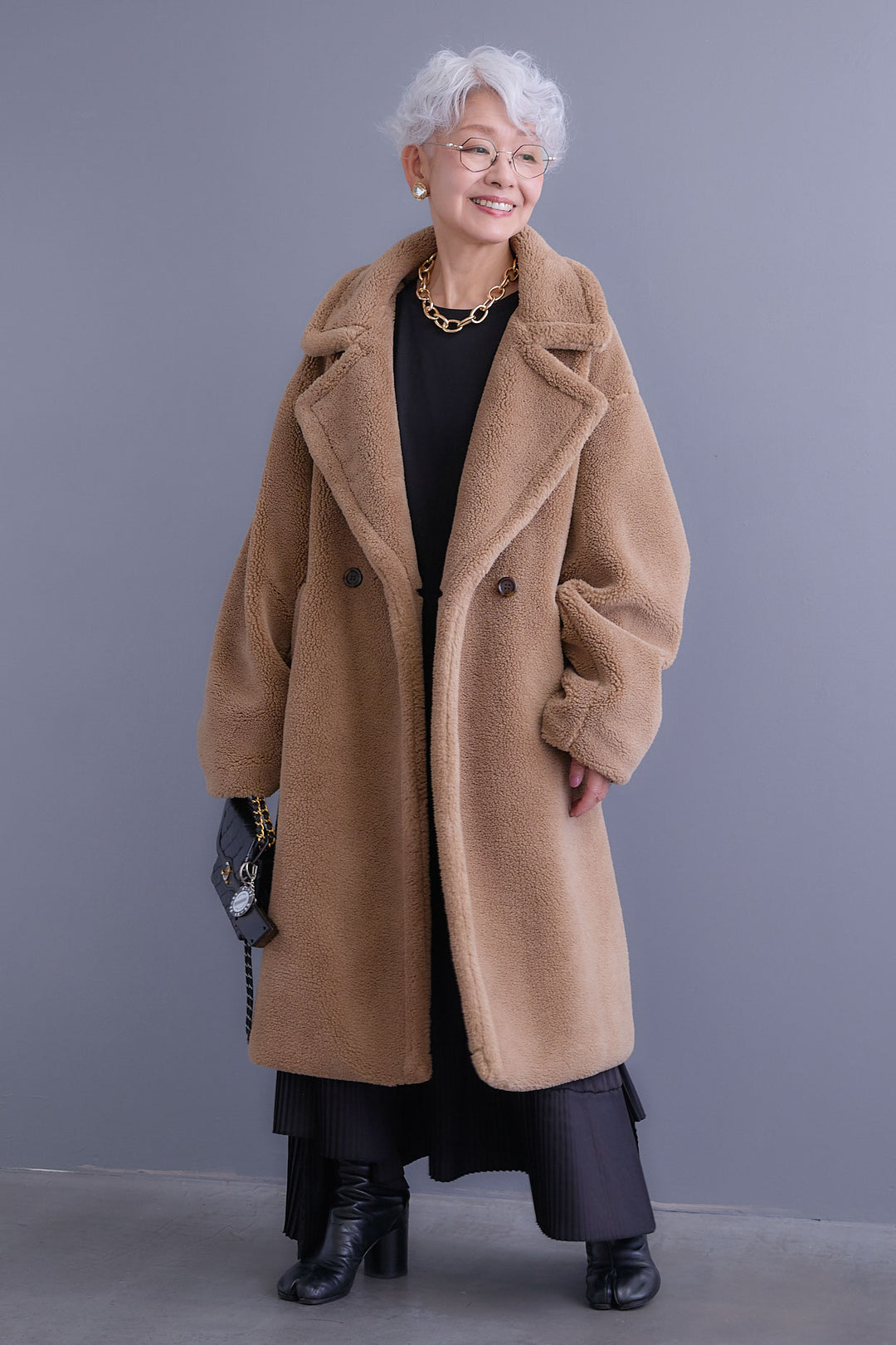 【SET】アシンメトリーロンT+テディボアロングコート+アシンメトリープリーツスカート(3set)