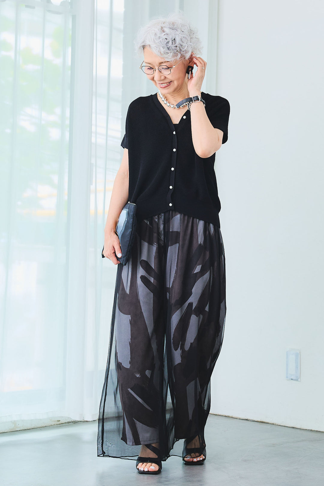 【SET】パールボタンフレンチスリーブサマーニット+シアーチュールレイヤードアートパンツ(2set)