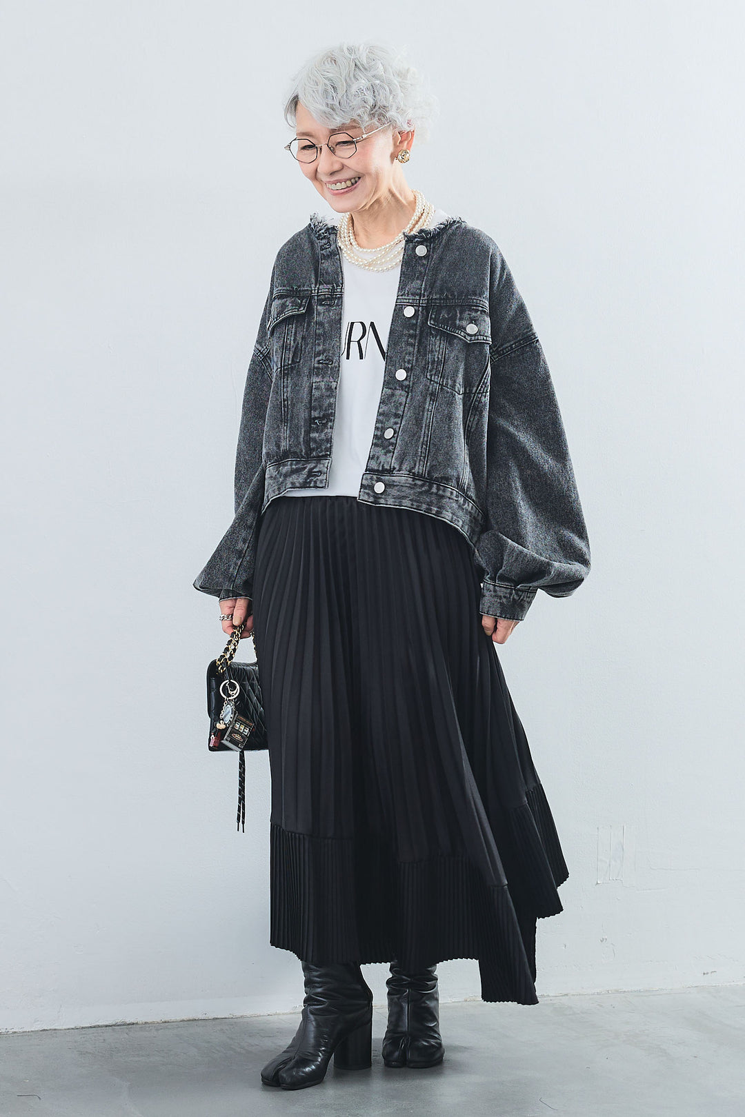 【SET】"JOURNÉE"フロッキーロゴフレンチスリーブT+ボリュームスリーブノーカラーデニムジャケット+アシンメトリープリーツスカート(3set)