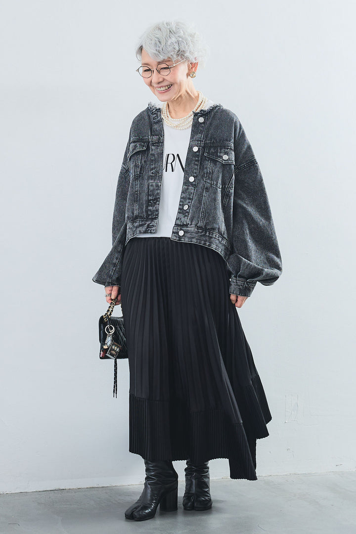 【SET】"JOURNÉE"フロッキーロゴフレンチスリーブT+ボリュームスリーブノーカラーデニムジャケット+アシンメトリープリーツスカート(3set)