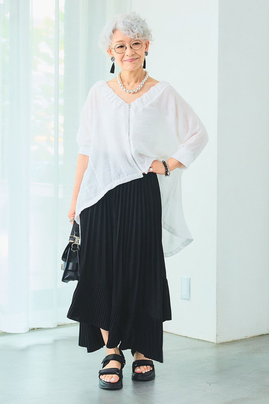 【SET】ギャザーネックロングテールZIPブラウス+アシンメトリーラッフルプリーツスカート(2set)