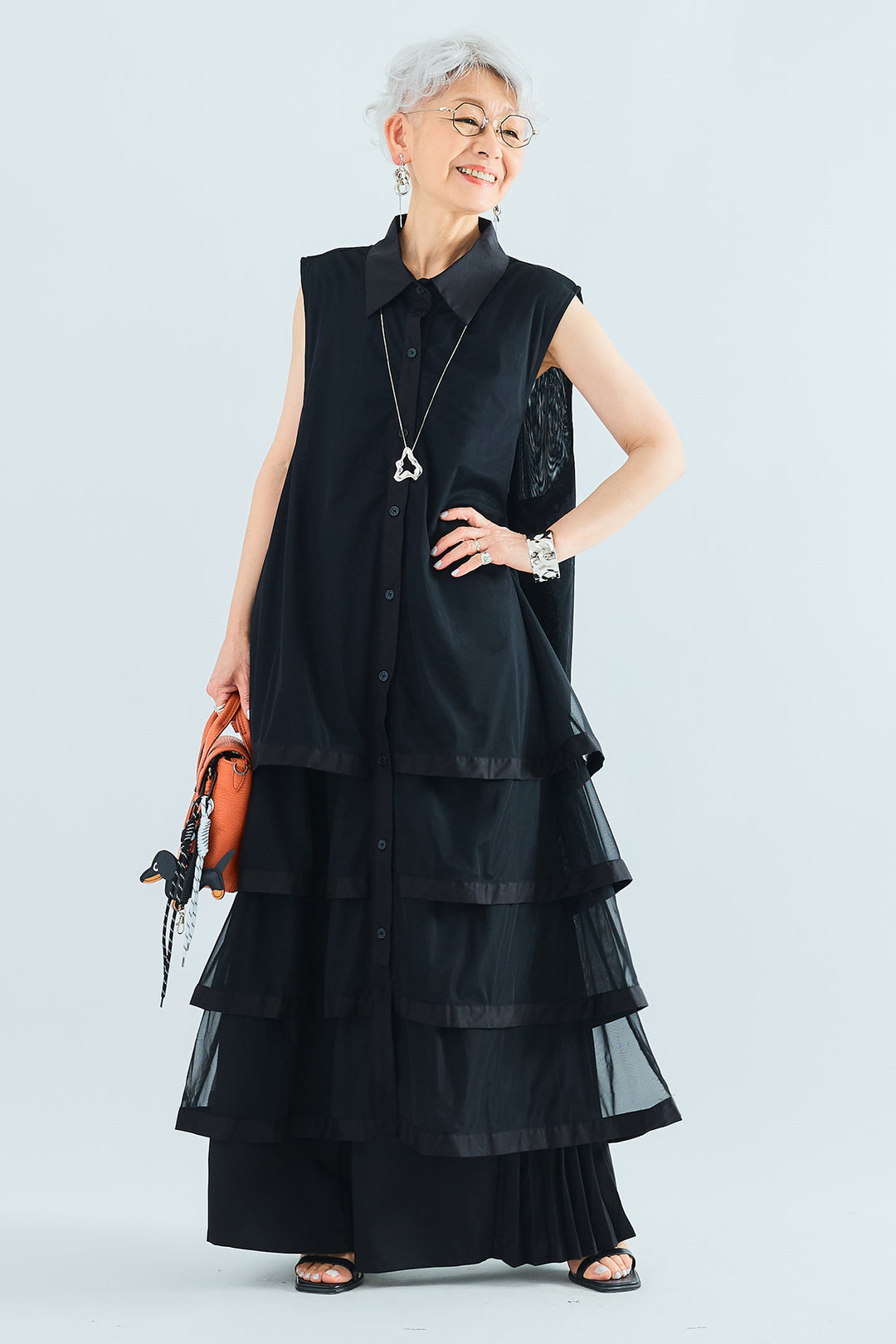 【SET】チュールティアードノースリロングシャツ+サイドプリーツワイドパンツ(2set)