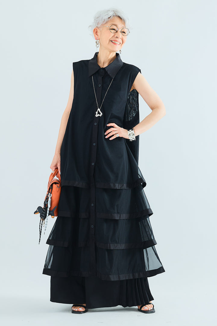 【SET】チュールティアードノースリロングシャツ+サイドプリーツワイドパンツ(2set)
