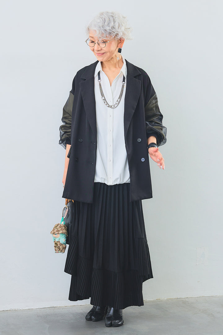 【SET】タックインデザインスキッパーシャツ+チュールレイヤードMA-1ジャケット+アシンメトリーラッフルプリーツスカート(3set)