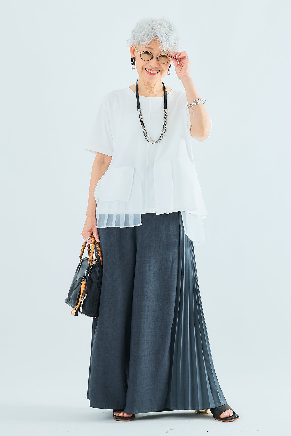 SET】タックオーガンジーレイヤードトップス+サイドプリーツ