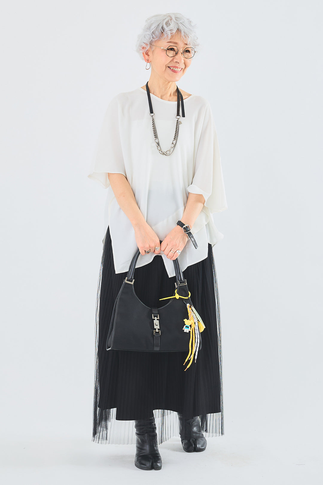 【SET】ジョーゼットシフォンケープアシンメトリーブラウス+シアーチュールプリーツスカート(2set)