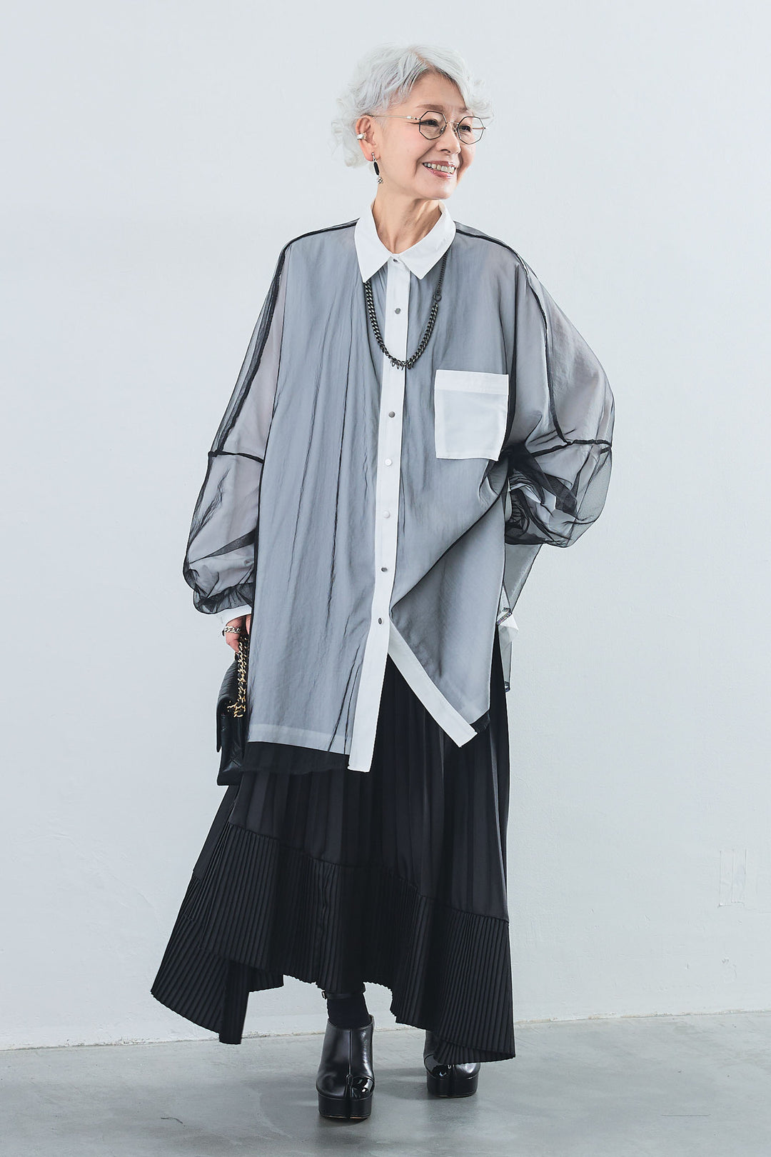 【SET】オーバーチュールレイヤードロングシャツ+アシンメトリープリーツスカート(2set)