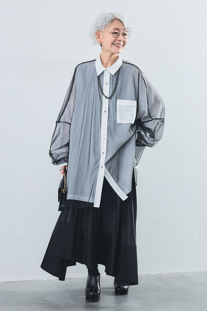【SET】オーバーチュールレイヤードロングシャツ+アシンメトリープリーツスカート(2set)