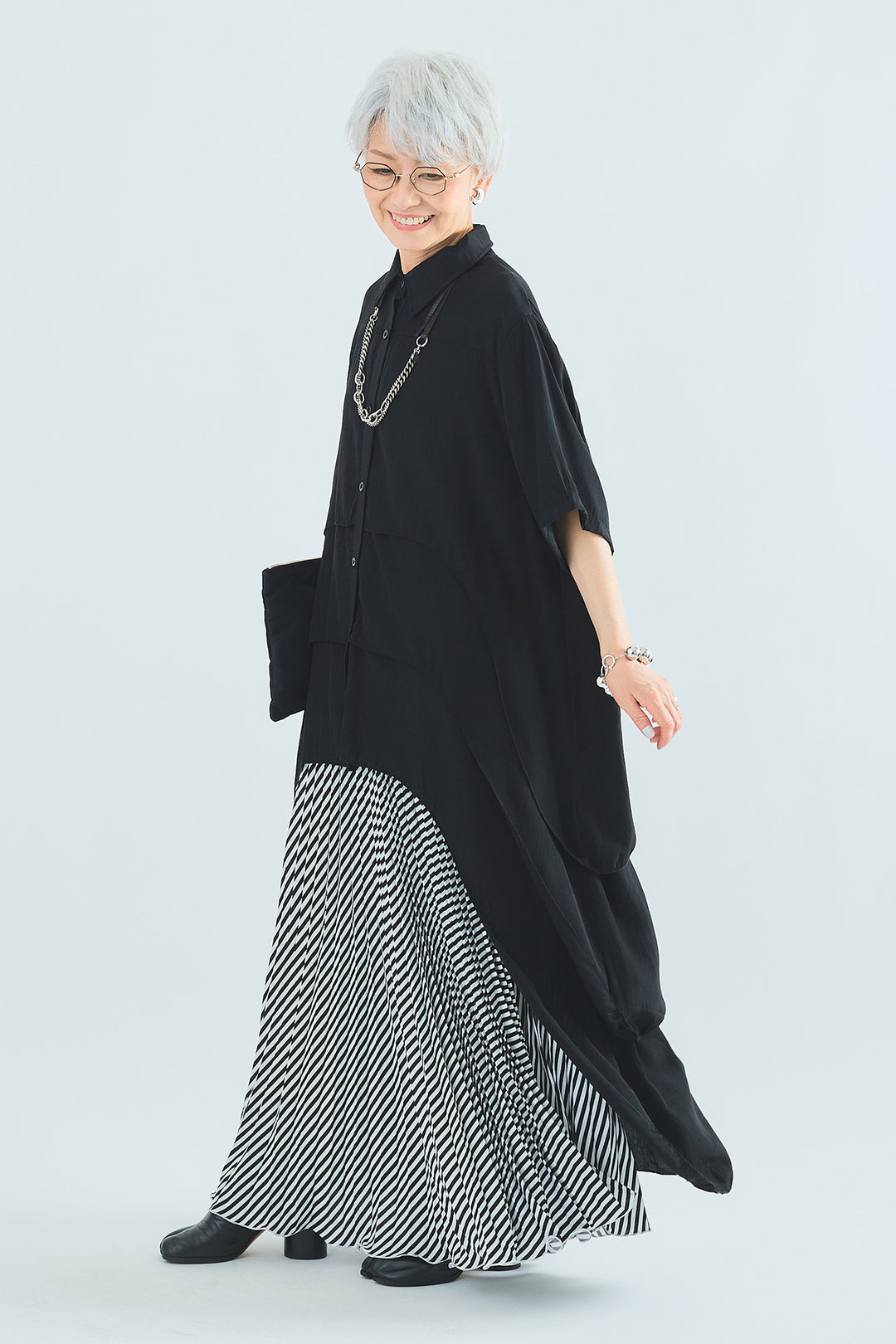 【SET】ティアードバックロングシャツ+サマーストライプロングスカート(2set)