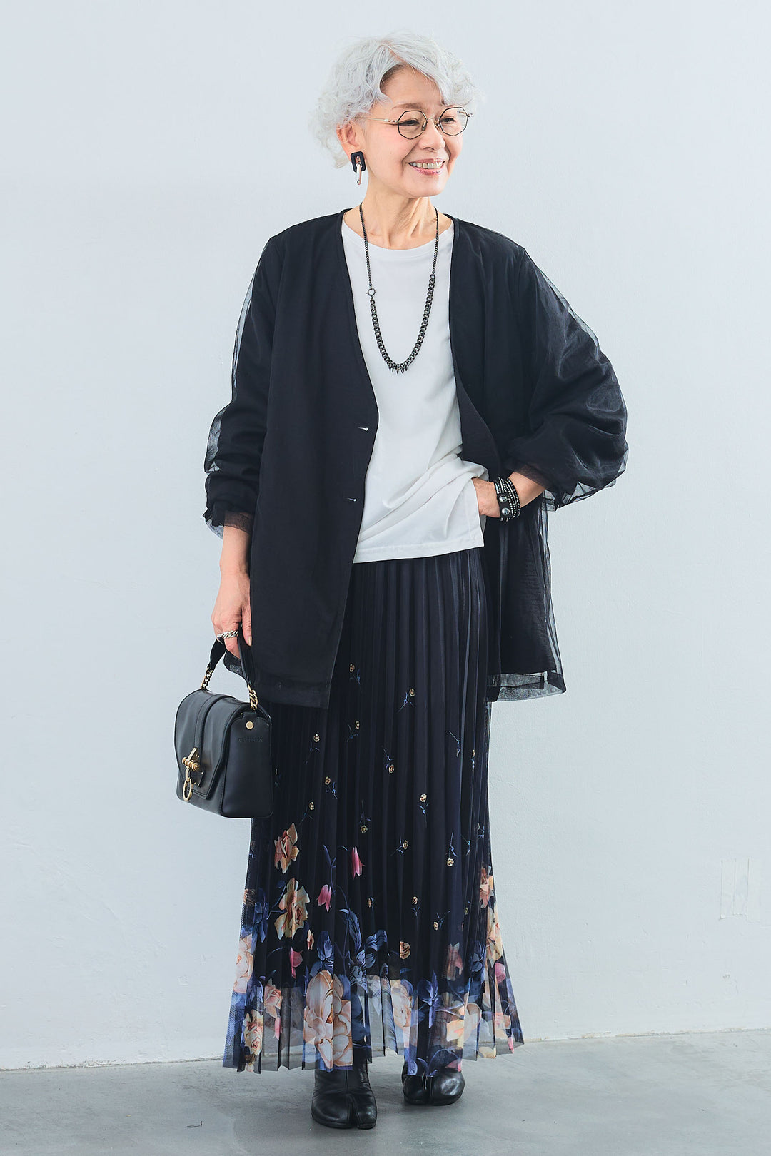 【SET】アシンメトリーロンT+チュールレイヤードノーカラージャケット+シアーフラワープリーツスカート(3set)
