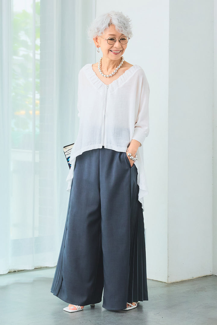 【SET】ギャザーネックロングテールZIPブラウス+サイドプリーツワイドパンツ(2set)