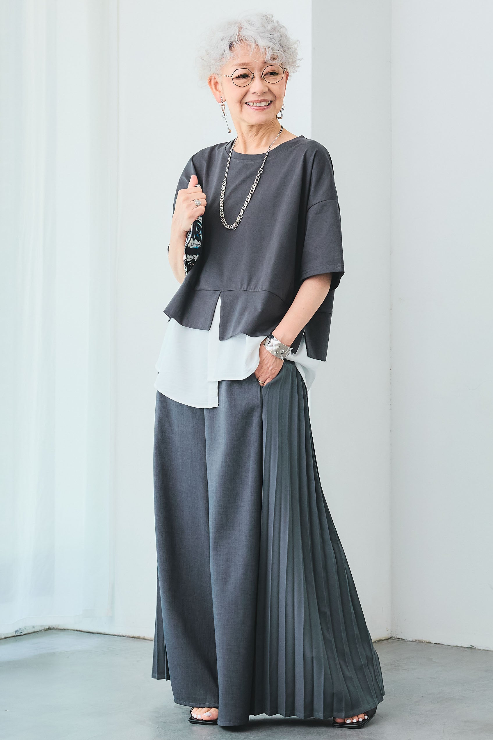 トップス saya SET】シャツレイヤードアシンメトリーモードトップス+サイド