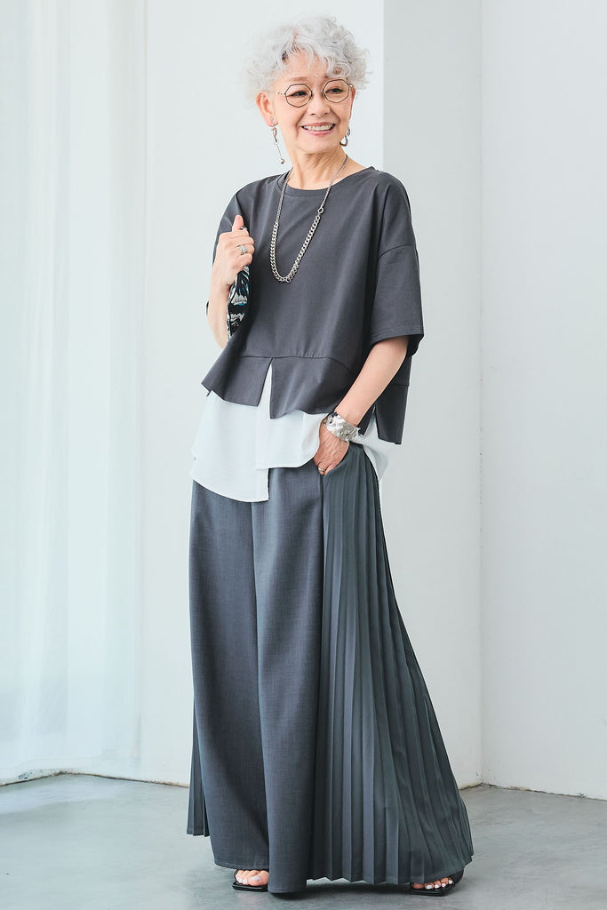 セットアップ Tシャツ プリーツスカート アシンメトリー 全2色 SET】シャツレイヤードアシンメトリーモードトップス+サイド