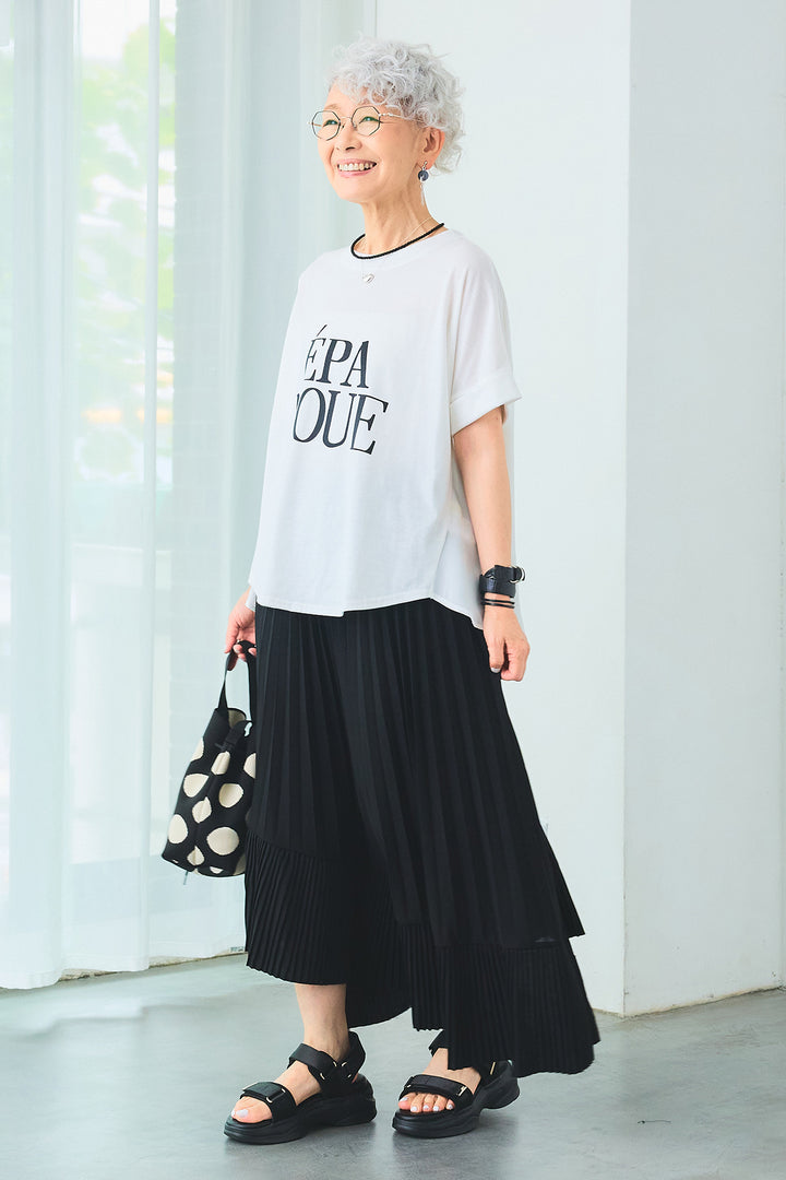 【SET】ÉPANOUEバックシフォンフレアロゴT+アシンメトリーラッフルプリーツスカート(2set)