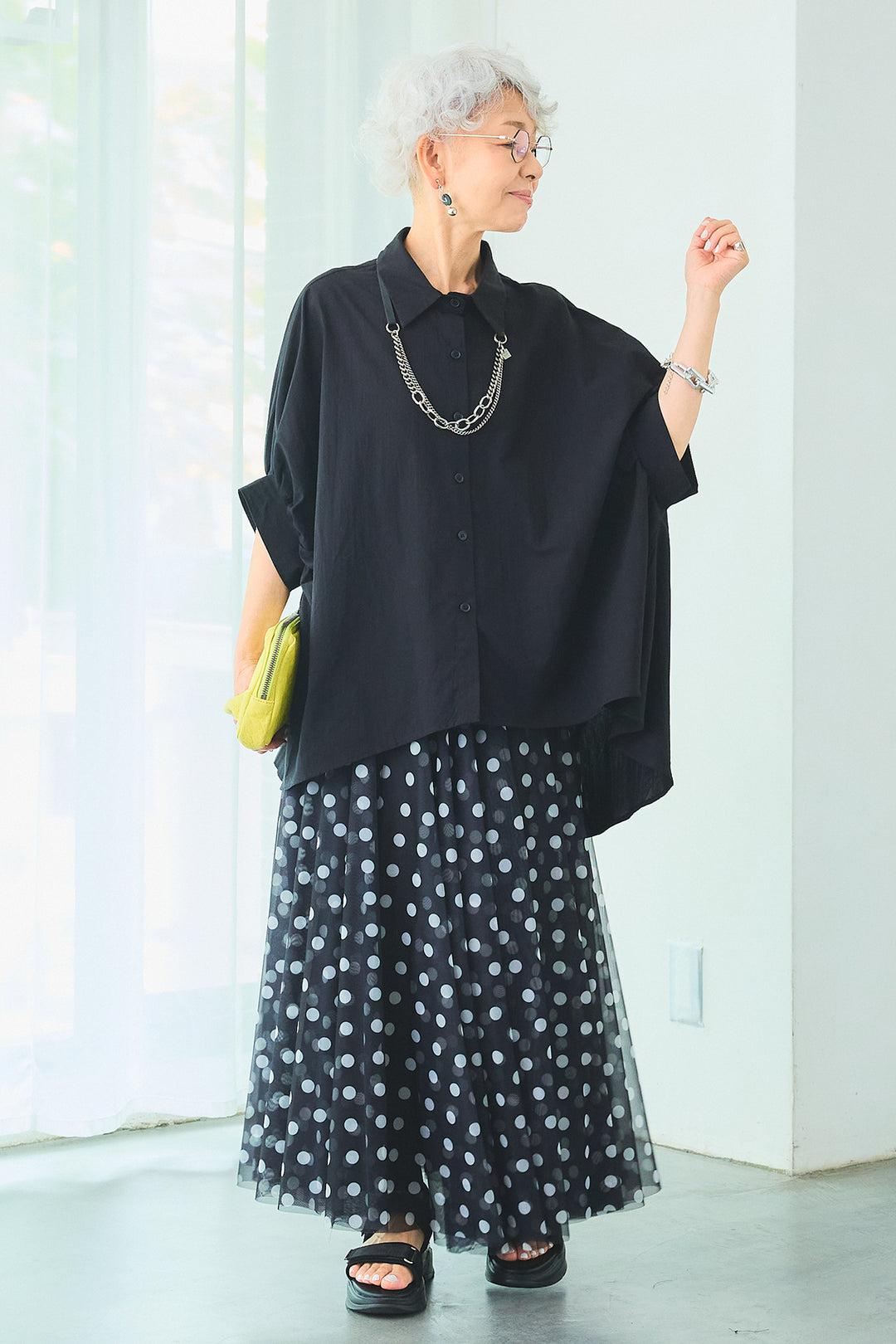 【SET】ドロップスリーブバックロングオーバーシャツ+ドットチュールフレアスカート(2set)