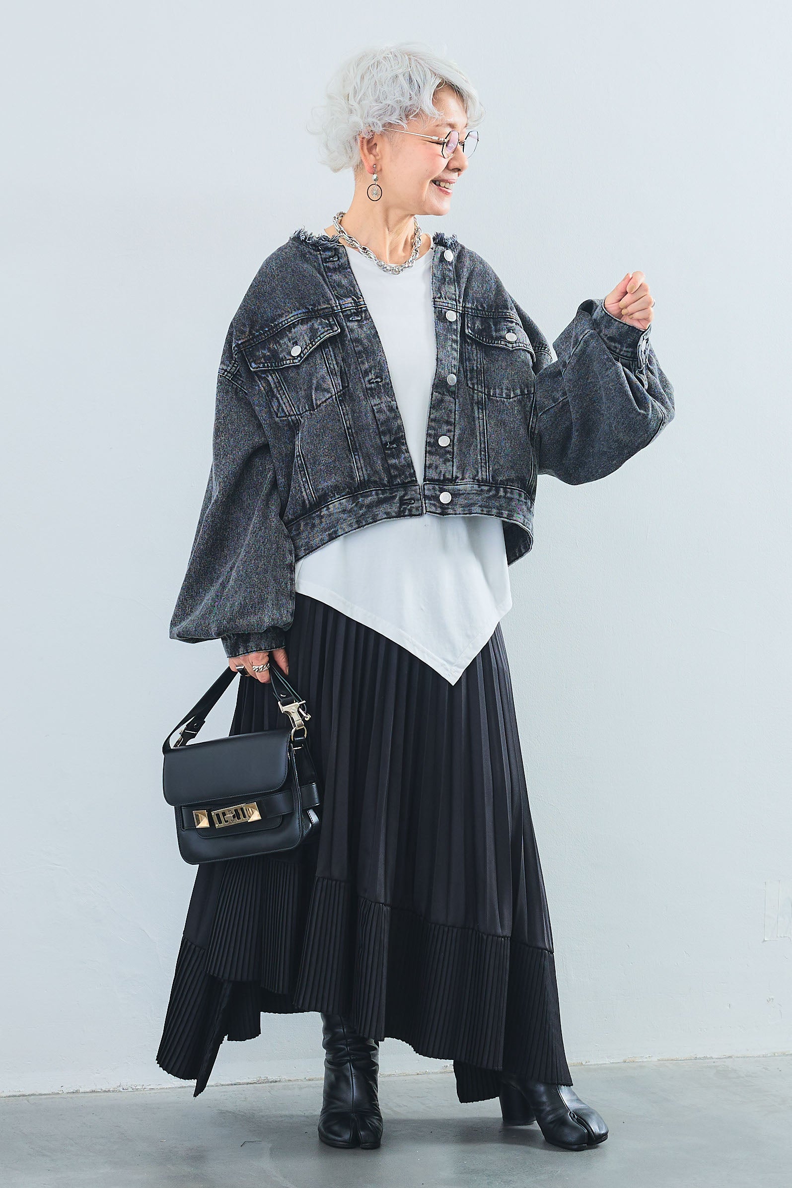 SET】アシンメトリーロンT+ボリュームスリーブノーカラーデニム