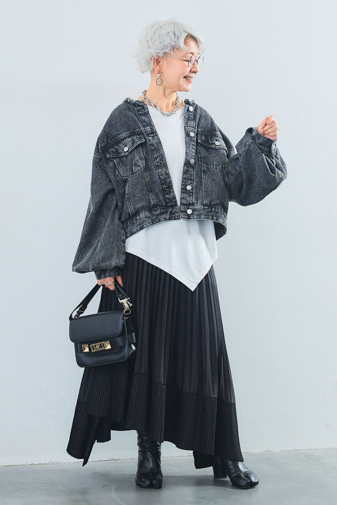 【SET】アシンメトリーロンT+ボリュームスリーブノーカラーデニムジャケット+アシンメトリープリーツスカート(3set)