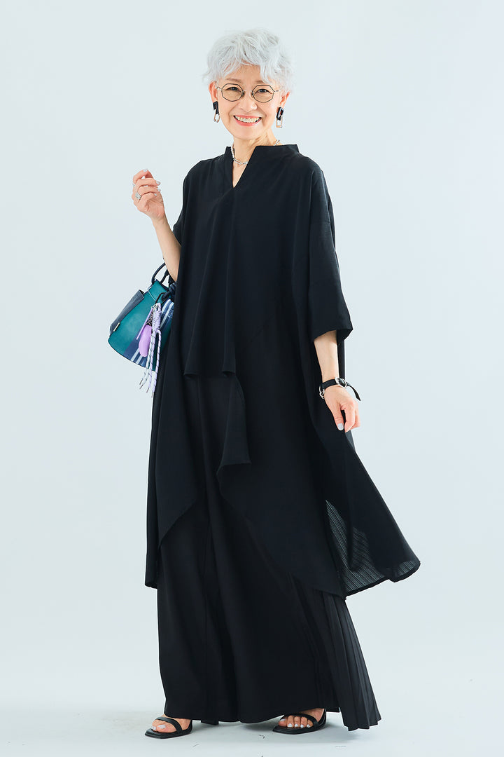 【SET】スキッパーアシンメトリーロングシャツ+サイドプリーツワイドパンツ(2set)