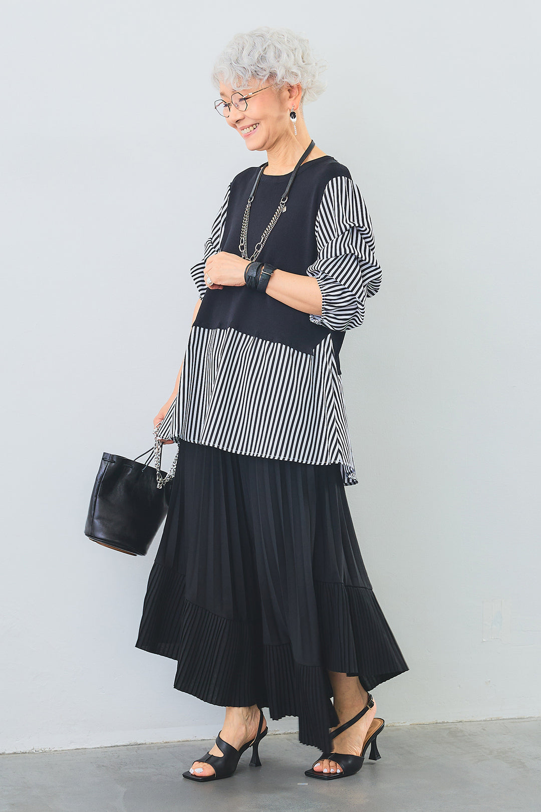 【SET】タックスリーブベストドッキングトップス+アシンメトリーラッフルプリーツスカート(2set)
