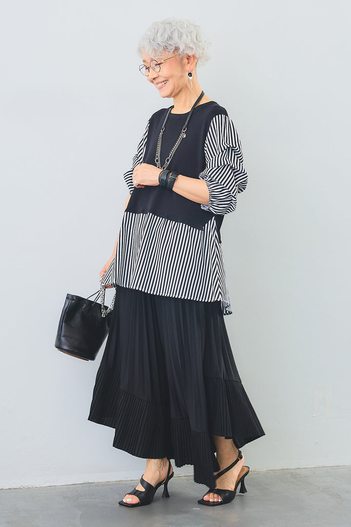 【SET】タックスリーブベストドッキングトップス+アシンメトリーラッフルプリーツスカート(2set)