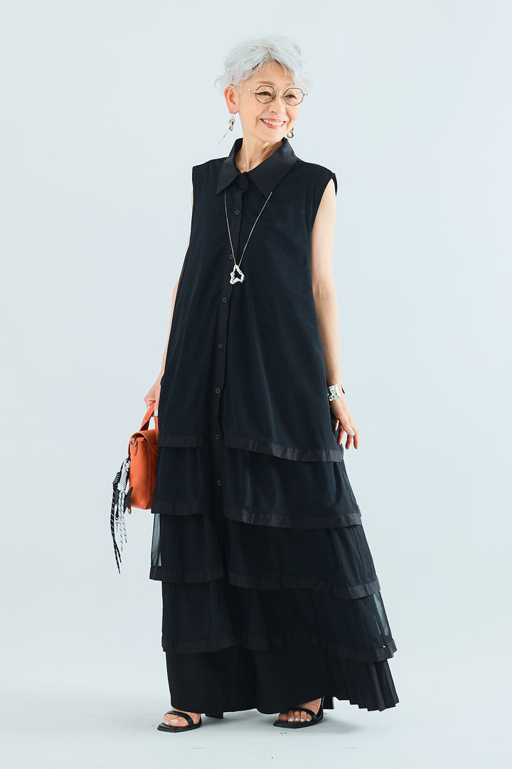 【SET】チュールティアードノースリロングシャツ+サイドプリーツワイドパンツ(2set)