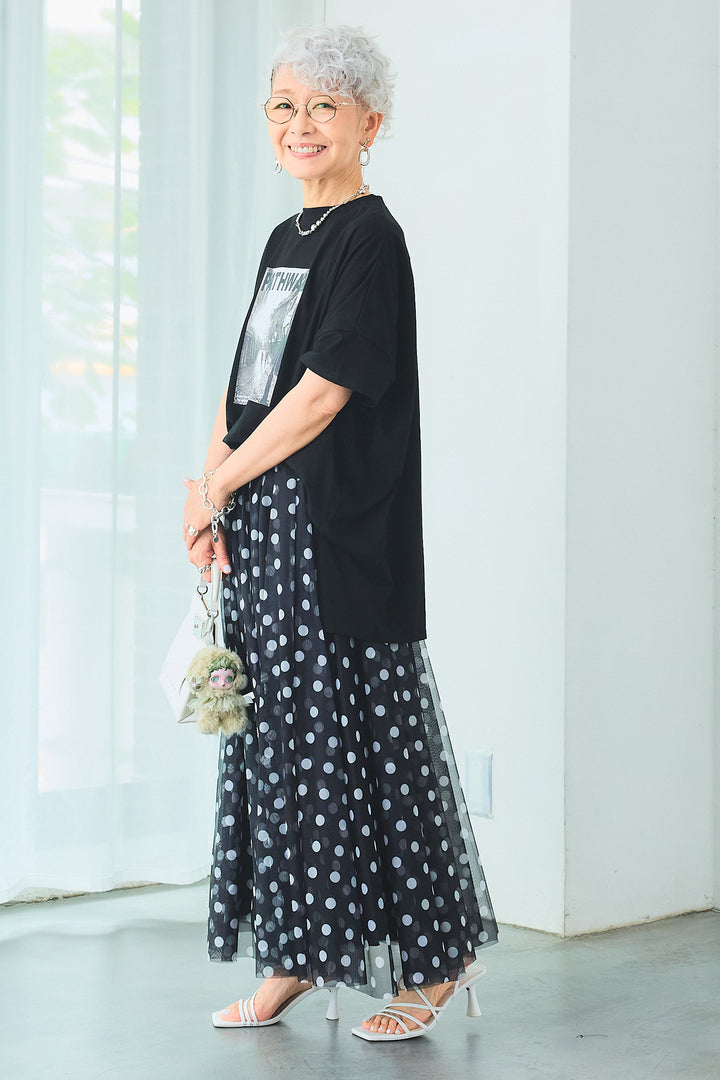 【SET】PATHWAYPhotoオーバースリットT+ドットチュールフレアスカート(2set)
