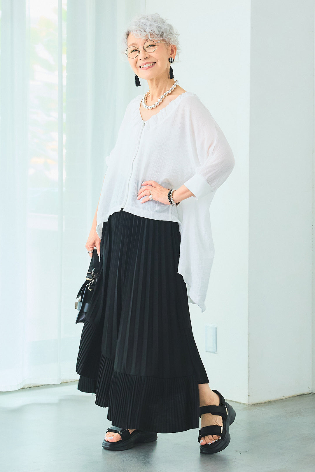 【SET】ギャザーネックロングテールZIPブラウス+アシンメトリーラッフルプリーツスカート(2set)