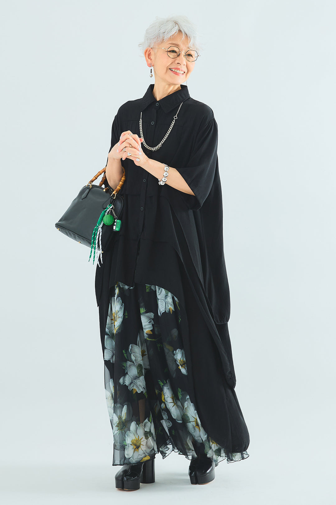 【SET】ティアードバックロングシャツ+ウォーターカラーシアーフラワースカート(2set)