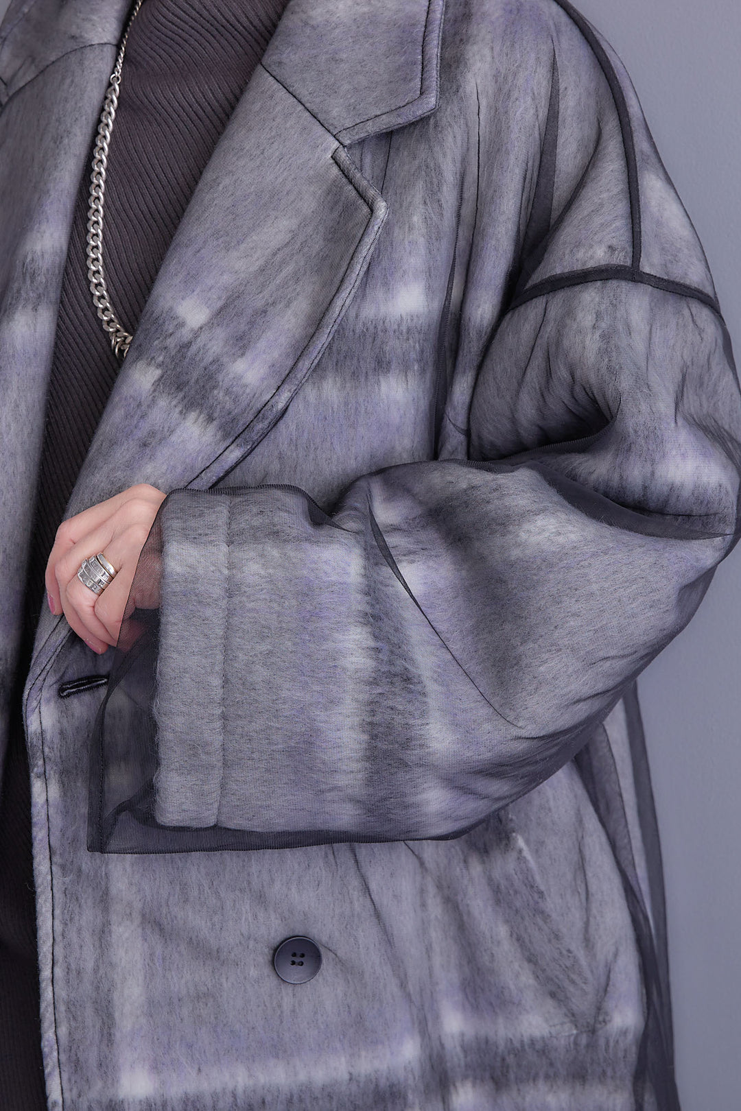 【SET】アシンメトリーオーバーニット+チュールレイヤードシャギーチェックコート+アシンメトリープリーツスカート(3set)