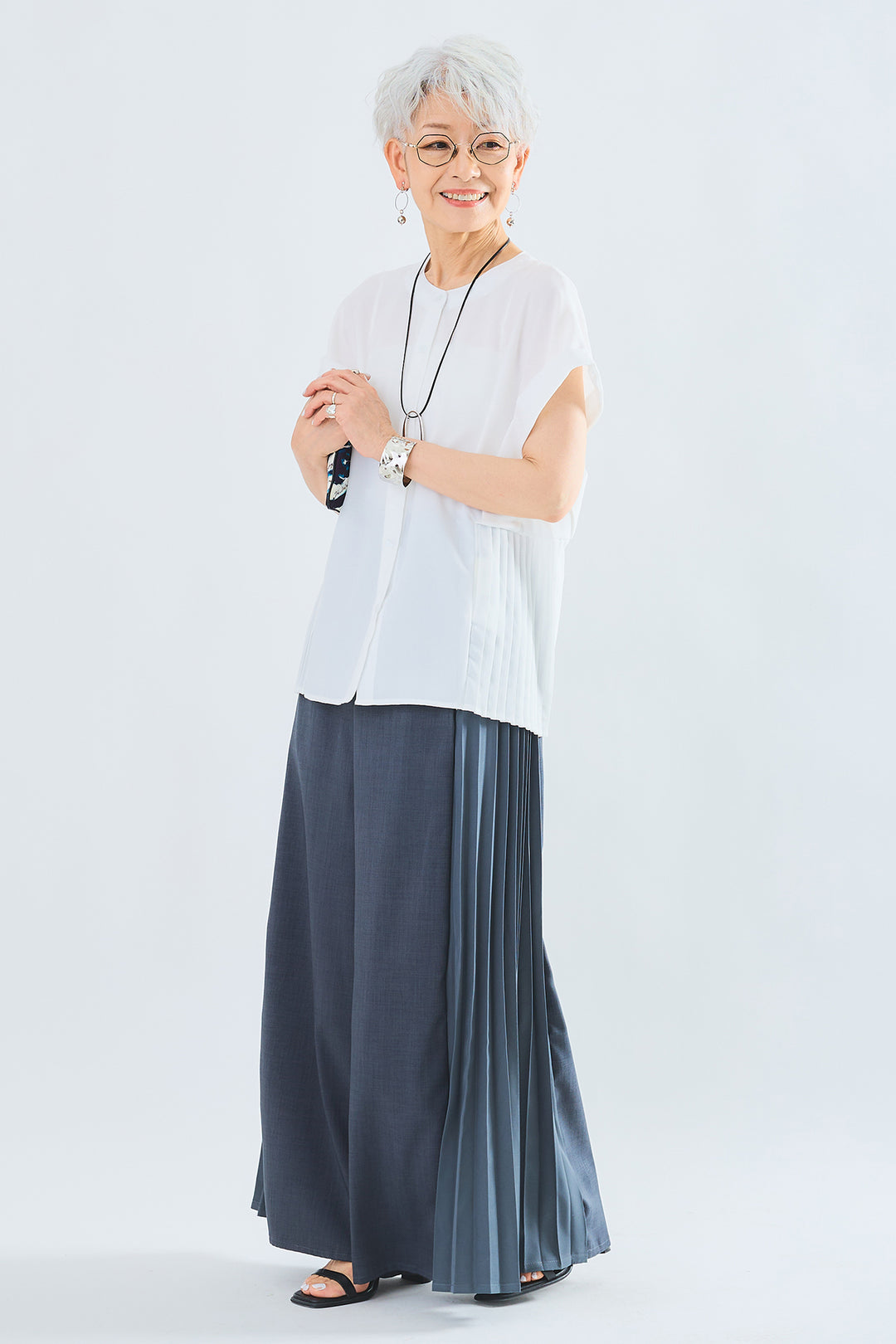 【SET】サイドプリーツバンドカラーブラウス+サイドプリーツワイドパンツ(2set)