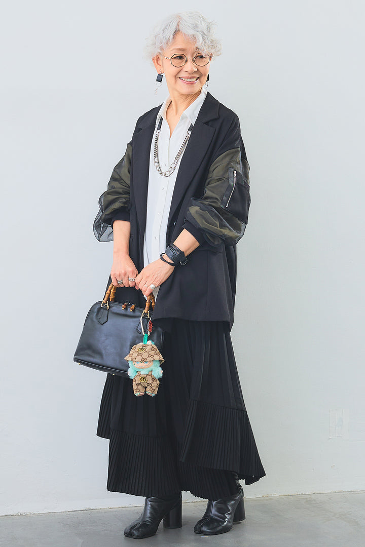 【SET】タックインデザインスキッパーシャツ+チュールレイヤードMA-1ジャケット+アシンメトリーラッフルプリーツスカート(3set)