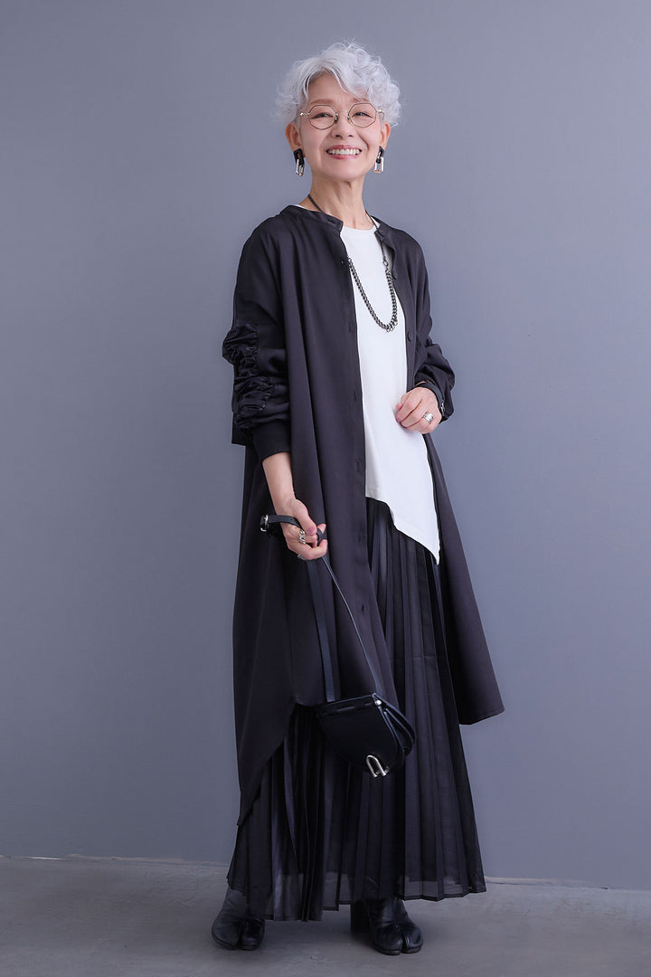 【SET】アシンメトリーロンT+MA-1ドッキングデザインロングシャツ+レザーライクプリーツスカート(3set)