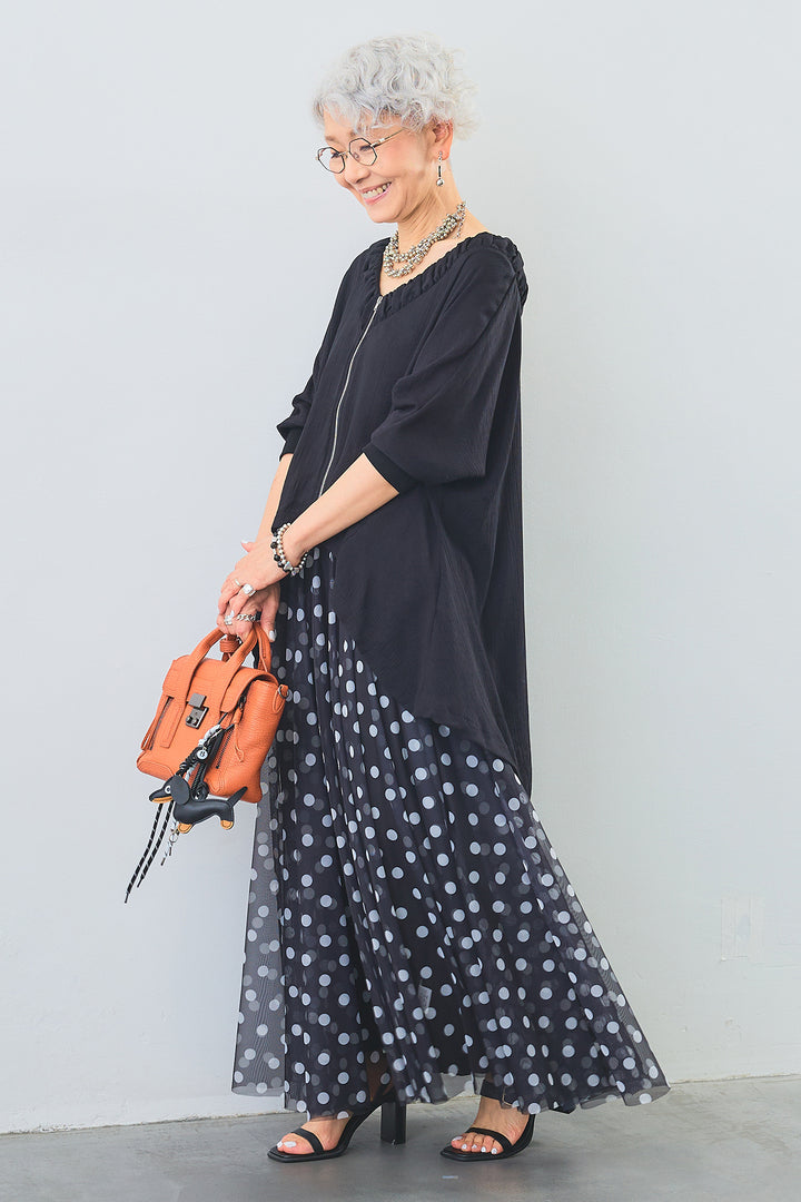 【SET】ギャザーネックロングテールZIPブラウス+ドットチュールフレアスカート(2set)