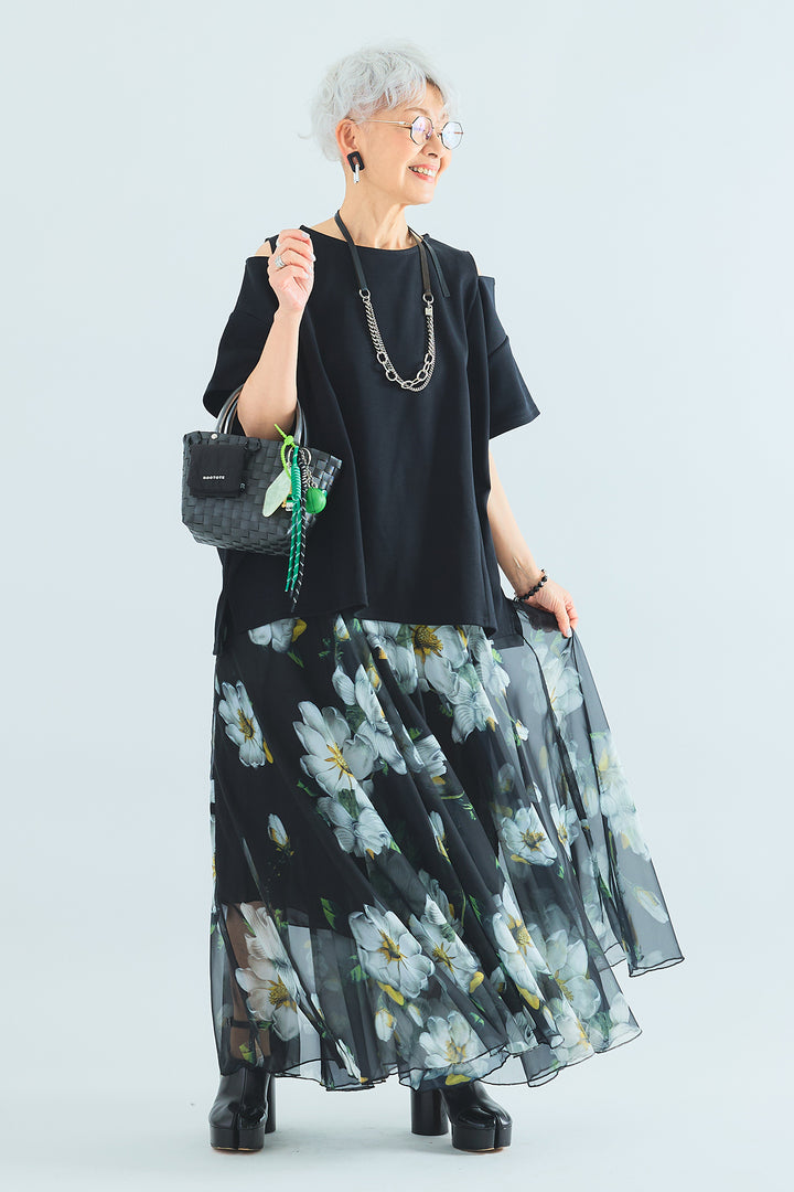 【SET】カッティングショルダーオーバートップス+ウォーターカラーシアーフラワースカート(2set)