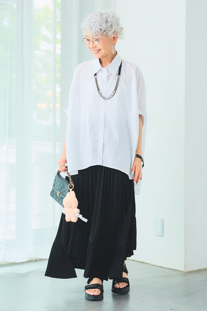 【SET】ドロップスリーブバックロングオーバーシャツ+アシンメトリーラッフルプリーツスカート(2set)