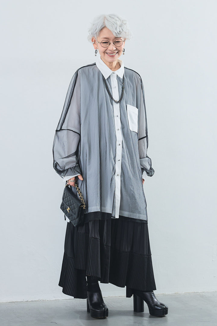 【SET】オーバーチュールレイヤードロングシャツ+アシンメトリープリーツスカート(2set)