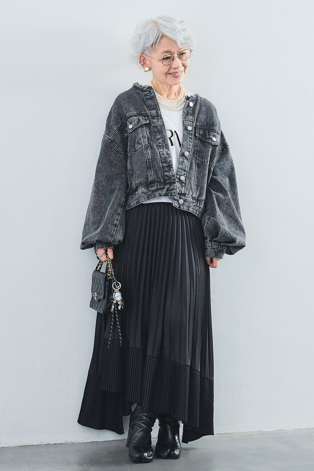 【SET】"JOURNÉE"フロッキーロゴフレンチスリーブT+ボリュームスリーブノーカラーデニムジャケット+アシンメトリープリーツスカート(3set)