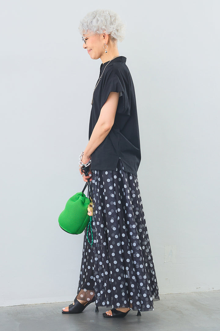 【SET】キーネックボックスシルエットT+ドットチュールフレアスカート(2set)