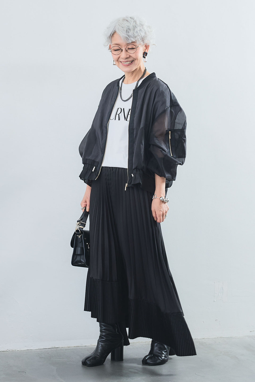 【SET】"JOURNÉE"フロッキーロゴフレンチスリーブT+シアースリーブMA-1ブルゾン+アシンメトリープリーツスカート(3set)