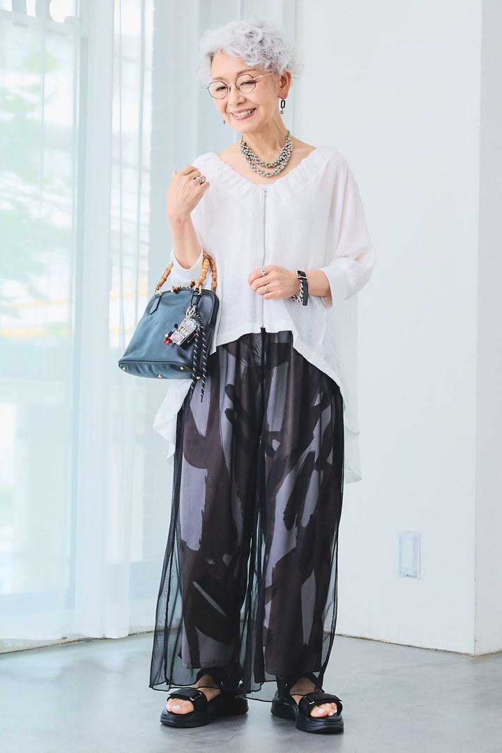 【SET】ギャザーネックロングテールZIPブラウス+シアーチュールレイヤードアートパンツ(2set)