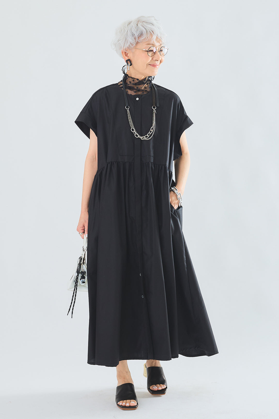 【SET】ドットシアーハイネックノースリトップス+オーバーフレンチスリーブギャザーシャツワンピース(2set)
