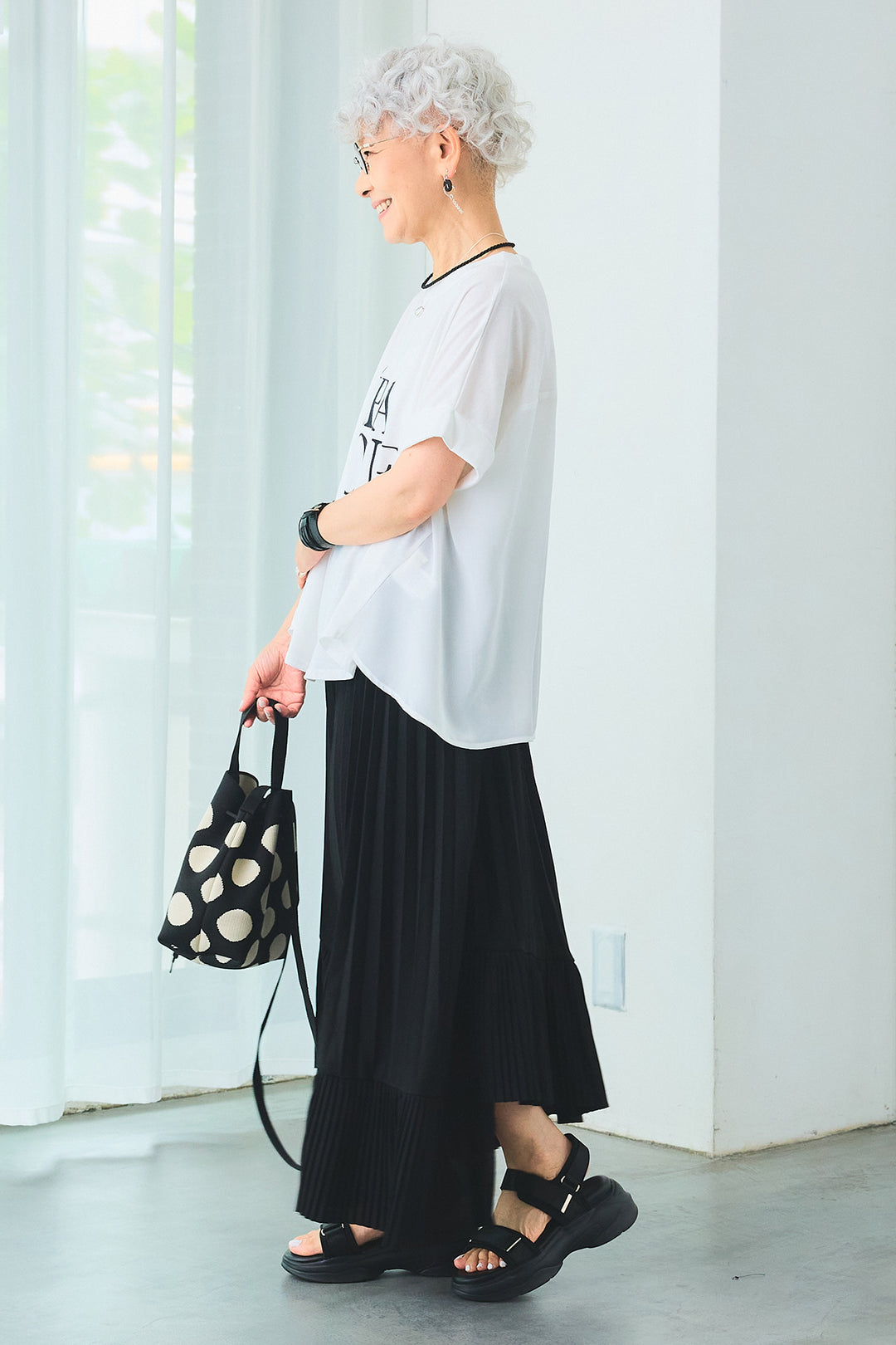 【SET】ÉPANOUEバックシフォンフレアロゴT+アシンメトリーラッフルプリーツスカート(2set)