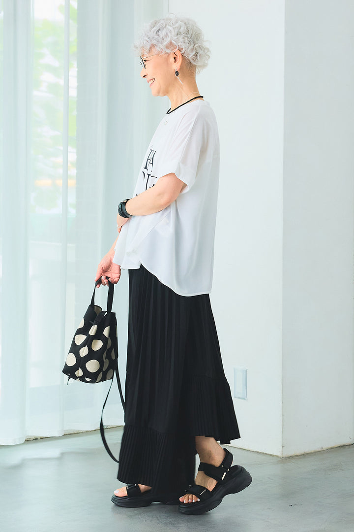 【SET】ÉPANOUEバックシフォンフレアロゴT+アシンメトリーラッフルプリーツスカート(2set)