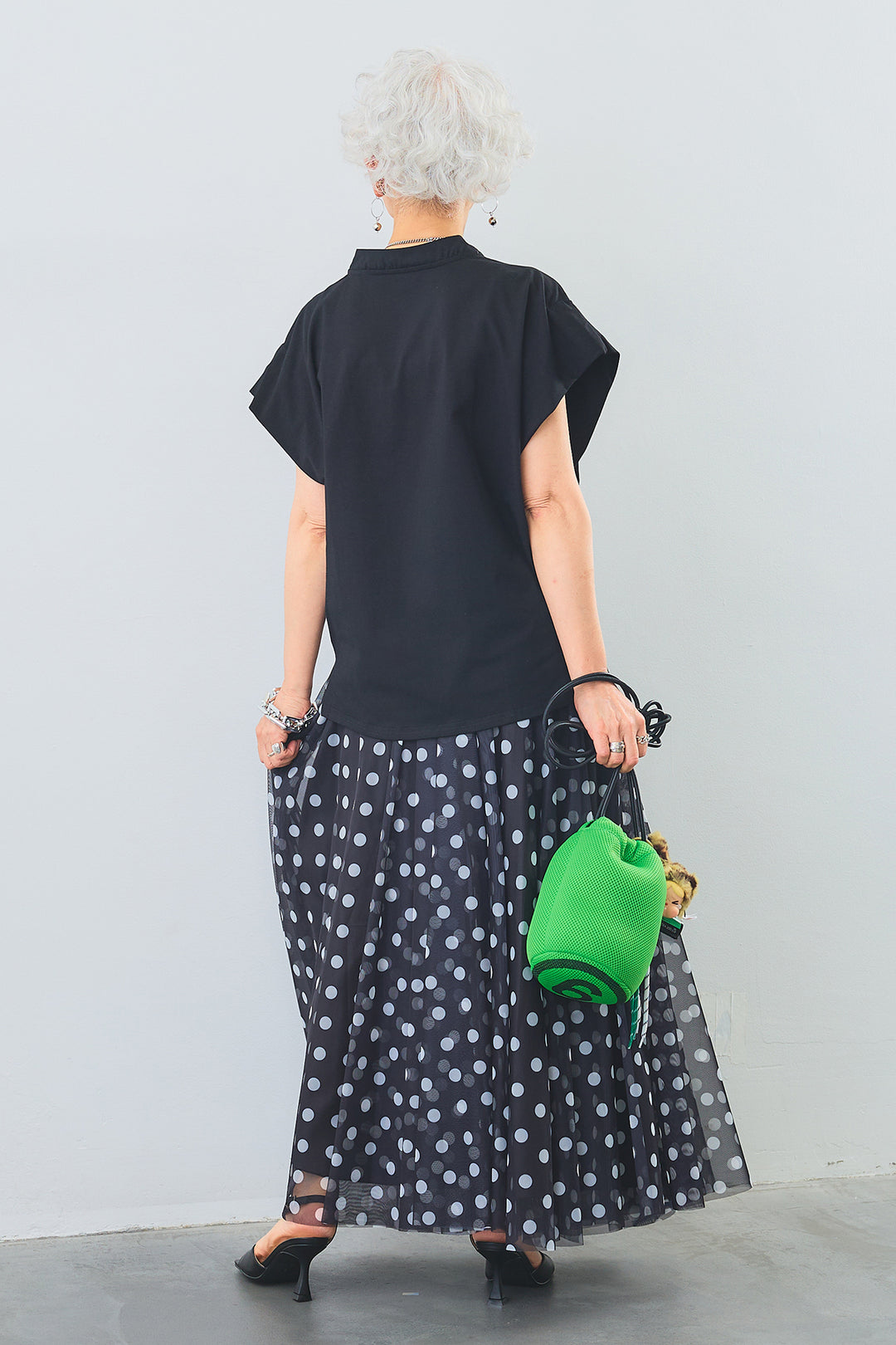 【SET】キーネックボックスシルエットT+ドットチュールフレアスカート(2set)