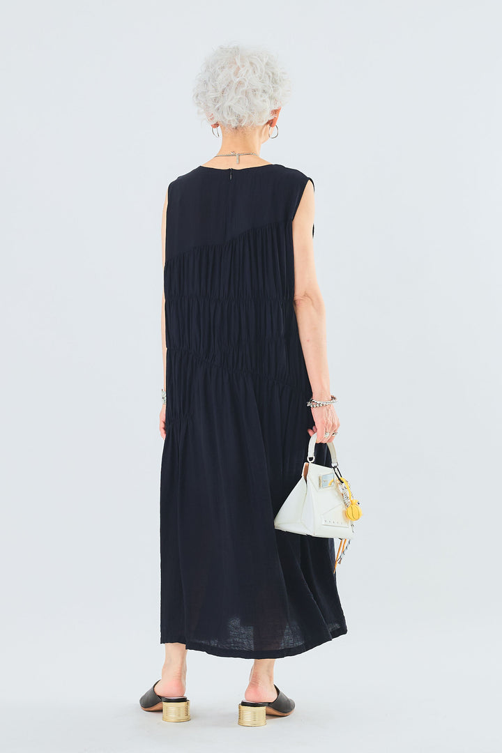 【予約】シャーリングアシンメトリーティアードワンピース