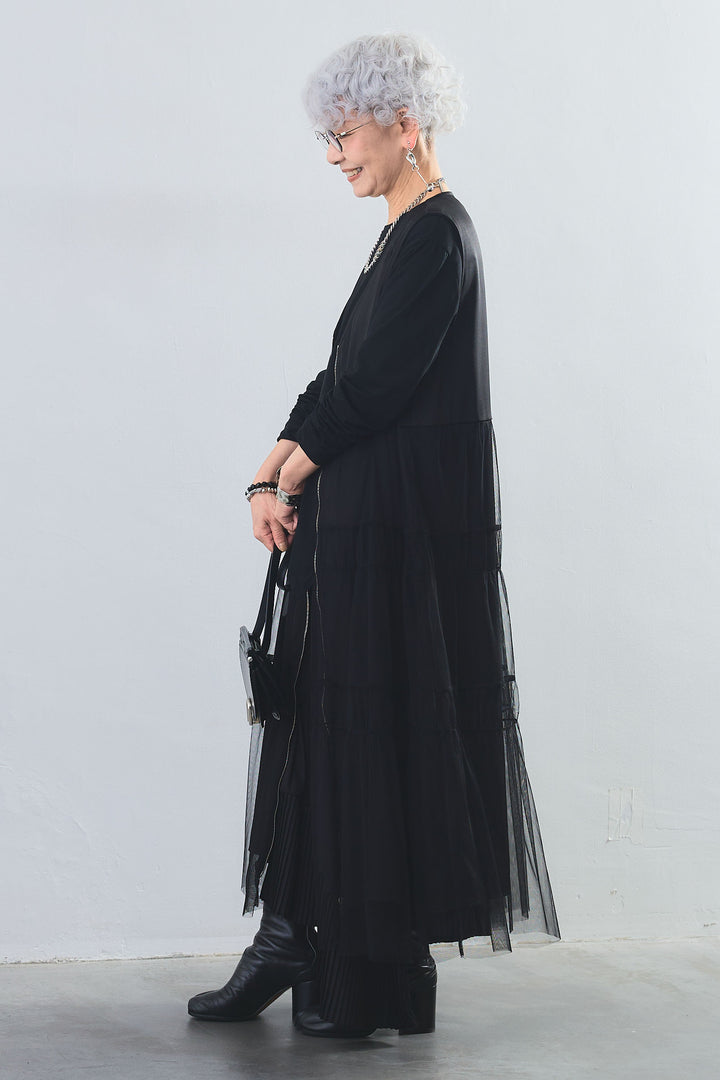 【SET】アシンメトリーロンT+ティアードチュールZIPデザインベストワンピース+アシンメトリープリーツスカート(3set)